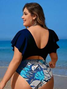 Swim Lushoire Plus Size Summer Beach Cutout Twist Front One-Piece Swimsuit With Random Tropical Printed - Navy Blue - View 2