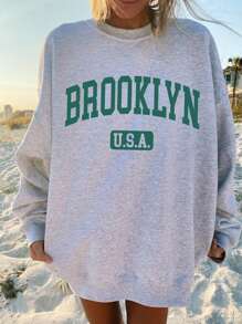 SHEIN EZwear Casual Sporty Letter Printed Flower Grey Round Neck Loose Plus Size Sweatshirt, Autumn And Winter Fall