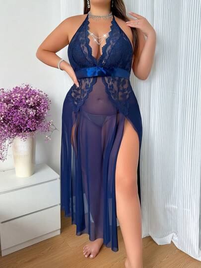 大码女式时尚丝缎露背蕾丝性感睡衣睡裙，露背腰带设计，长裙
