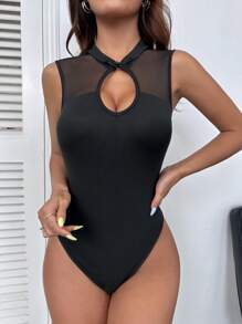 Flirla Women's Fashionable New Chinese Style Mesh Contrast Bodysuit