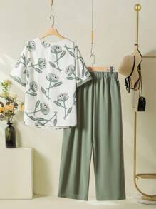 Lacomfia Plus Size Vacation Casual Floral Print Short Sleeve Shirt And Solid Color Wide Leg Pants Set 2 Pieces Set, For Summer