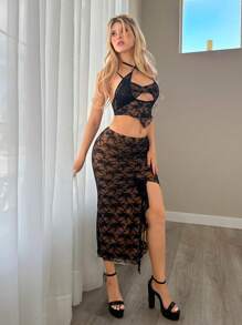 Sweetina Women's Y2k Summer Outfits Prom Low-Rise Contrast Color Side Slit Long Curve Lace Skirt With Ruffle Hem Lace Decoration