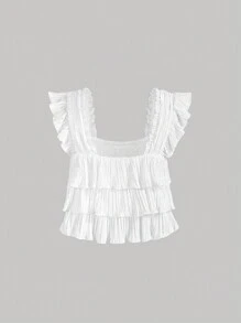 SHEIN MOD Blusa blanca de verano con volantes y plisados para niñas, estilo romántico