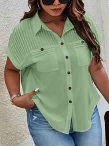 SHEIN LUNE Plus Size Button-Front Short Sleeve Casual Shirt With Pockets And Curved Hem - Green - View 4