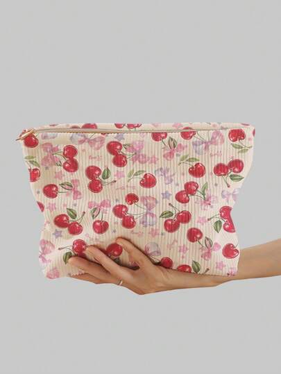 Kawaii Bolsa de maquillaje de pana con estampado de cerezas impreso a doble cara