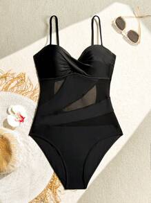 Swim Lushoire 夏季海滩女士网眼撞色系带露背连体泳衣 - 黑色 - 查看 5