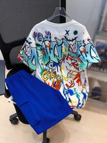 SHEIN Tween Boy Graffiti Pattern Short Sleeve T-Shirt And Cargo Shorts Set - Blue - View 2