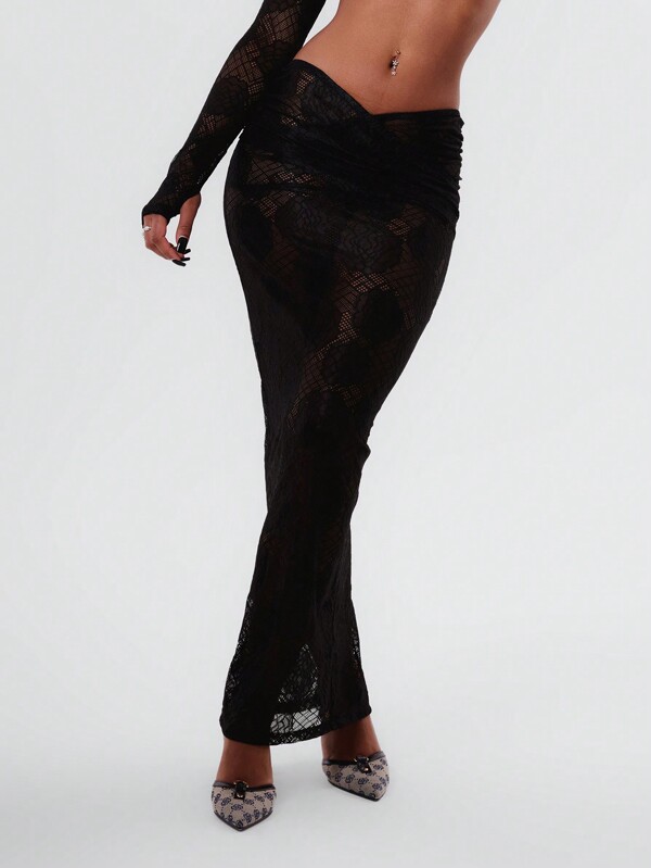 MUSERA Black Sheer Lace Maxi Skirt Elegant Spring Summer Sexy Vacation