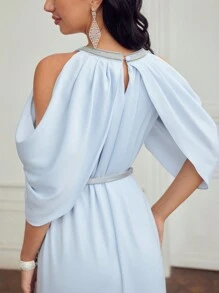 MOTF PREMIUM SOLID COLD SHOULDER FOLD PLEATED DRESS WITH BELT