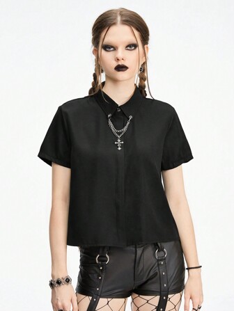 Grunge Punk Camisa de mujer con decoración de cadena con cruz estilo gótico, versátil para usar en capas, ideal para volver al colegio