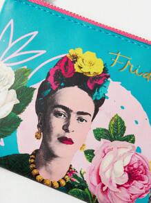 Frida Kahlo X SHEIN Monedero con cremallera con estampado de caracteres y flores, regalo