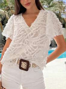 SHEIN VCAY Camisa vacacional de verano para mujeres, tejido de unicolor con cuello en V - Blanco - Ver 5