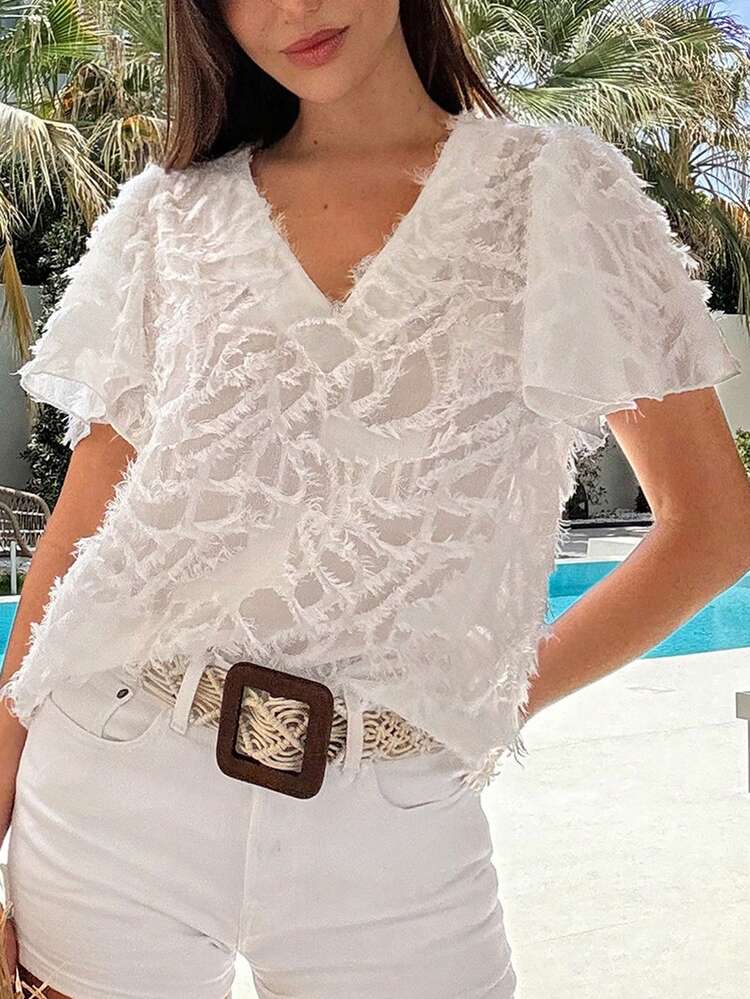 Solid Color Woven V-Neck Women's Vacation Shirt Summer Clothes Women Shirts