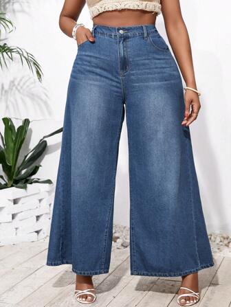 SHEIN VCAY Plus Size Women's Casual Loose Blue Denim Wide Leg Pants For Beach Vacation