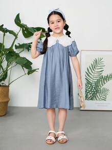 SHEIN LMoss Kids LMoss Young Girl Young Girl Woven Solid Color Peter Pan Collar Dress, Casual