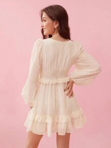 Enchnt Solid Colored Textured Dress With Ruffle And Lantern Sleeves Detail