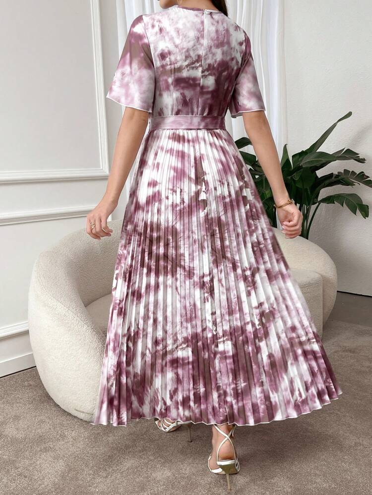 Women's Summer Tie-Dye Printed Round Neck Short Puff Sleeve Pleated Long Elegant Dress