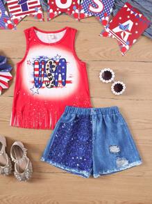 年輕女孩編織無袖背心上衣搭配字母圖案和編織牛仔短褲，鑲有亮片設計套裝，2入組七月四日服裝 - 彩色 - 查看 1