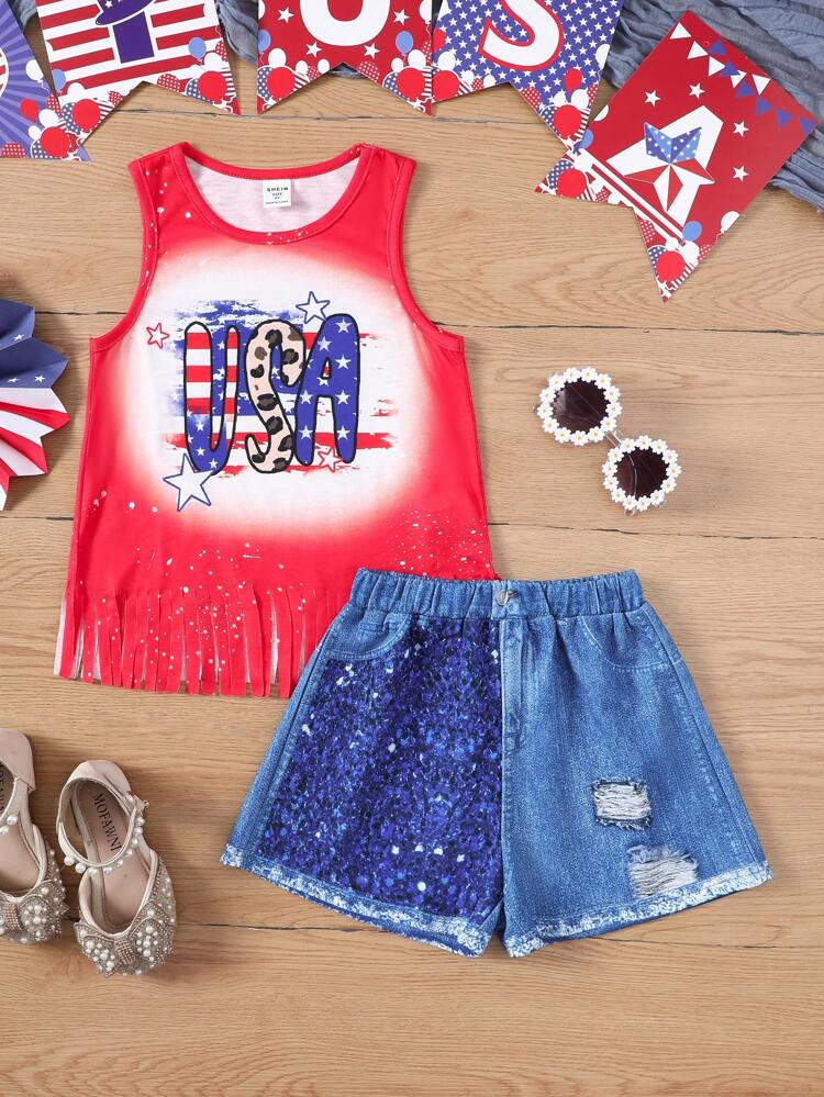 Young Girl Knitted Sleeveless Tank Top With Letter Pattern & Knitted Denim Shorts With Sequin Design Set, 2pcs 4th Of July Outfits