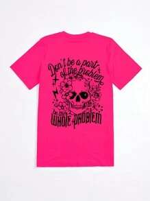 Flirla 頭骨圖案圓領T恤&夏季&春季，女裝 - 玫紅色 - 查看 2