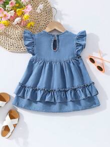 SHEIN Vintaside Kids Baby Girl Spring Rural Style Folk Flower Embroidery Detail Loose Denim Dress With Flutter Sleeves And Ruffle Trim - Medium Wash - View 2