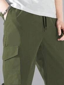Manfinity Hypemode Loose-Fit Men Flap Pocket Side Drawstring Waist Cargo Pants - Army Green - View 4