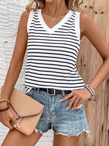 SHEIN LUNE Women's Sleeveless Minimalist Striped Everyday Tank Top, Black & White