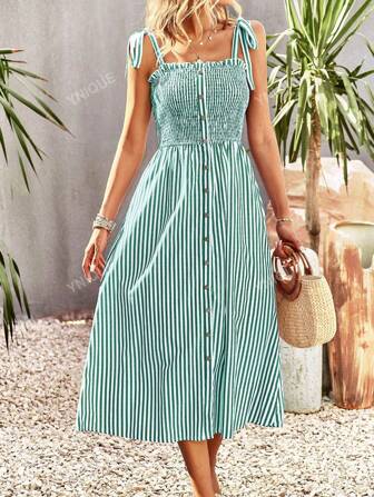 European And American Striped Dress For Women, Elegant Sleeveless Dress For Spring/Summer 2024