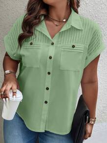 SHEIN LUNE Plus Size Button-Front Short Sleeve Casual Shirt With Pockets And Curved Hem - Green - View 5