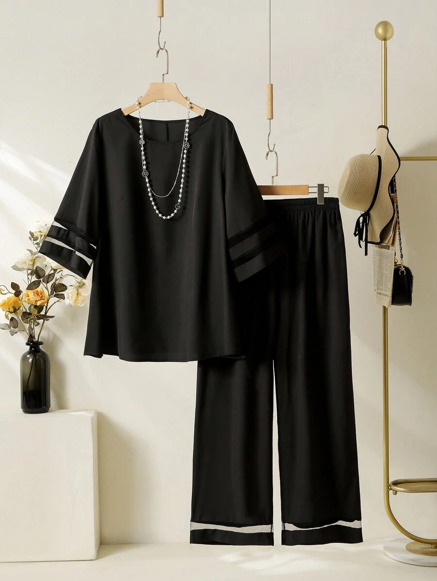 Lacomfia Plus Size Women Summer Loose Fit Casual 2pcs/Set: Solid Color Round Neck Mesh Top And Wide Leg Pants 2 Pieces Set - Black - View 1