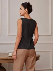 Damen Quadratisch Neck Kurzarm Knopf Vorne Split Saum Figurbetonte Lässig Trägertops, Oldmoney Crop Tops, Rückenfrei Business Lässig Westen, Frühling & Sommer