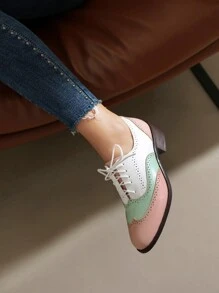 Women's Flat Oxfords, Vintage Style Leather Shoes With Lace-Up, Color Block Brogue Shoes