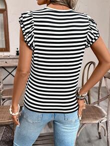 SHEIN Frenchy Women's Double Ruffle Short Sleeve T-Shirt, Black And White Striped Top, Embroidered Wavy Sleeves, Ideal For Vacation And Daily Wear, French Elegance - Black - View 2