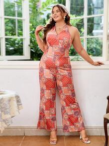 Dreamara Mono casual de talla grande con estampado de remiendo y espalda descubierta en estilo halter para vacaciones