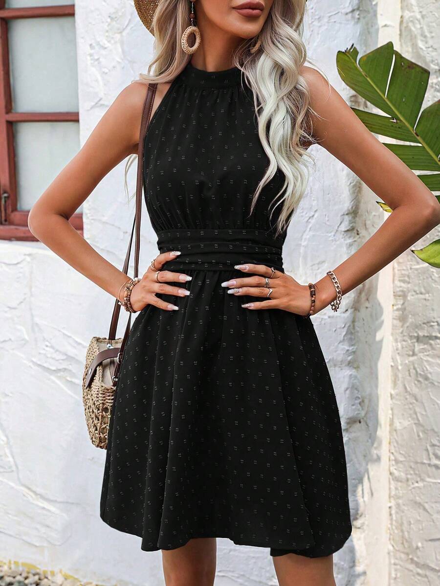 Breezaya Women's Fashionable Off-Shoulder A-Line Dress With Slim Waist - Black - View 1