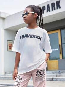 SHEIN Tween Girl Loose Round Neck Short Sleeve Letter T-Shirt And Drawstring Long Pants Casual 2pcs Outfit