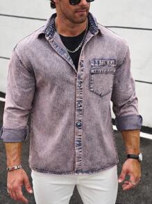 Manfinity Homme Men's Loose Fit Pink Distressed Snow Wash Denim Shirt - Coral Pink - View 1