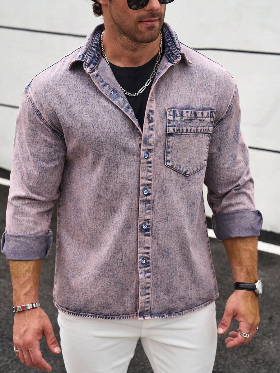 Manfinity Homme Men's Loose Fit Pink Distressed Snow Wash Denim Shirt - Coral Pink - View 1