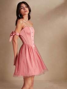 Anewsta Vestido corto de malla delgada en forma de X con hombros al aire y tirantes para mujer, en rosa coral tierno y elegante - Rosa coral - Ver 4