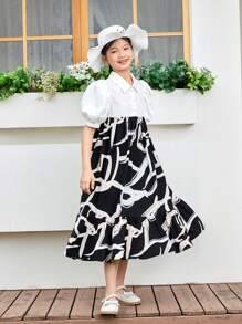 SHEIN 少女組合休閒幾何圖案拼色短袖襯衫裙 - 黑與白 - 查看 5