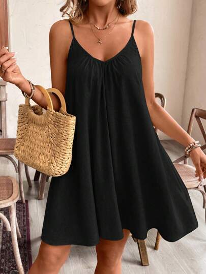 SHEIN Frenchy Linen Holiday Loose Dress Casual Solid Color Spaghetti Strap Dress, Suitable For Summer Comfortable And Breathable To Wear Comfortable Black Vacation Resort