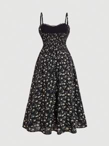 SHEIN MOD 碎花印花褶饰胸围长款夏季吊带连衣裙