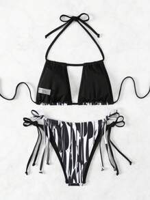 SHEIN Swim 女士时尚吊带比基尼套装，随机印花，夏季海滩 - 彩色 - 查看 6