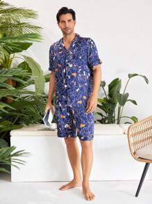 Conjunto de ropa de casa para hombre de manga corta y pantalones cortos con estampado aleatorio