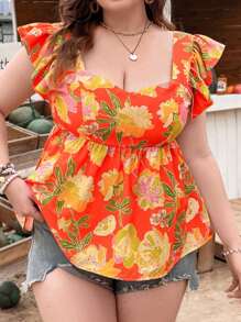 Dreamara Plus Size Women's Cap Sleeve Curved Chest Line Orange Flower Country Rural Romantic A Swing Shirt - Multicolor - View 3