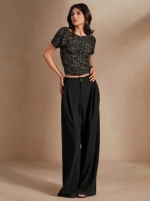 Anewsta Women's Allover Print Open Back Slim Fit Crop T-Shirt