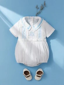SHEIN Summer Pure Cotton Embroidered Ha-Yi Bodysuit For Baby Girls, British Style, Breathable, Simple Bamboo Joint Design, Cute Blue Embroidery And Woven Belt