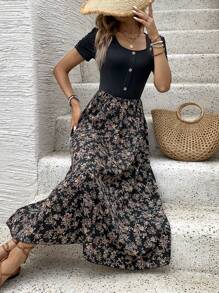 Breezaya 女式花卉印花短袖节日风格拼接连衣裙长款女装 - 黑色 - 查看 4