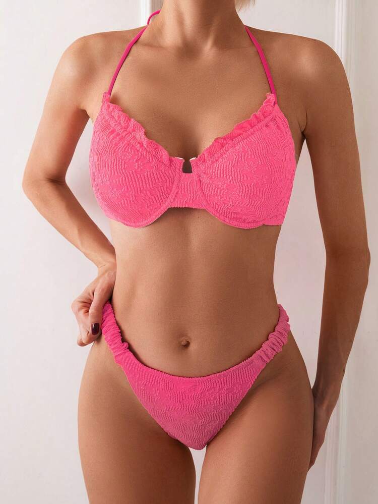 Ladies Frill Trim Halter Neck Fashion Bikini Set ,Summer Beach