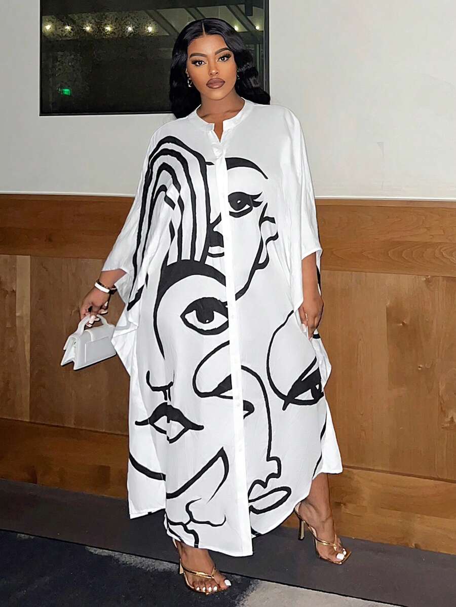 Slaydiva Women's Plus Size Holiday Casual Long Loose Shirt Dress - White - View 1